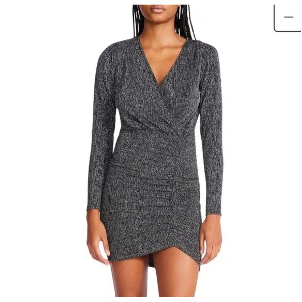 Betsey Johnson Black Metallic Long Sleeve Plunge Neckline Bodycon Sz S